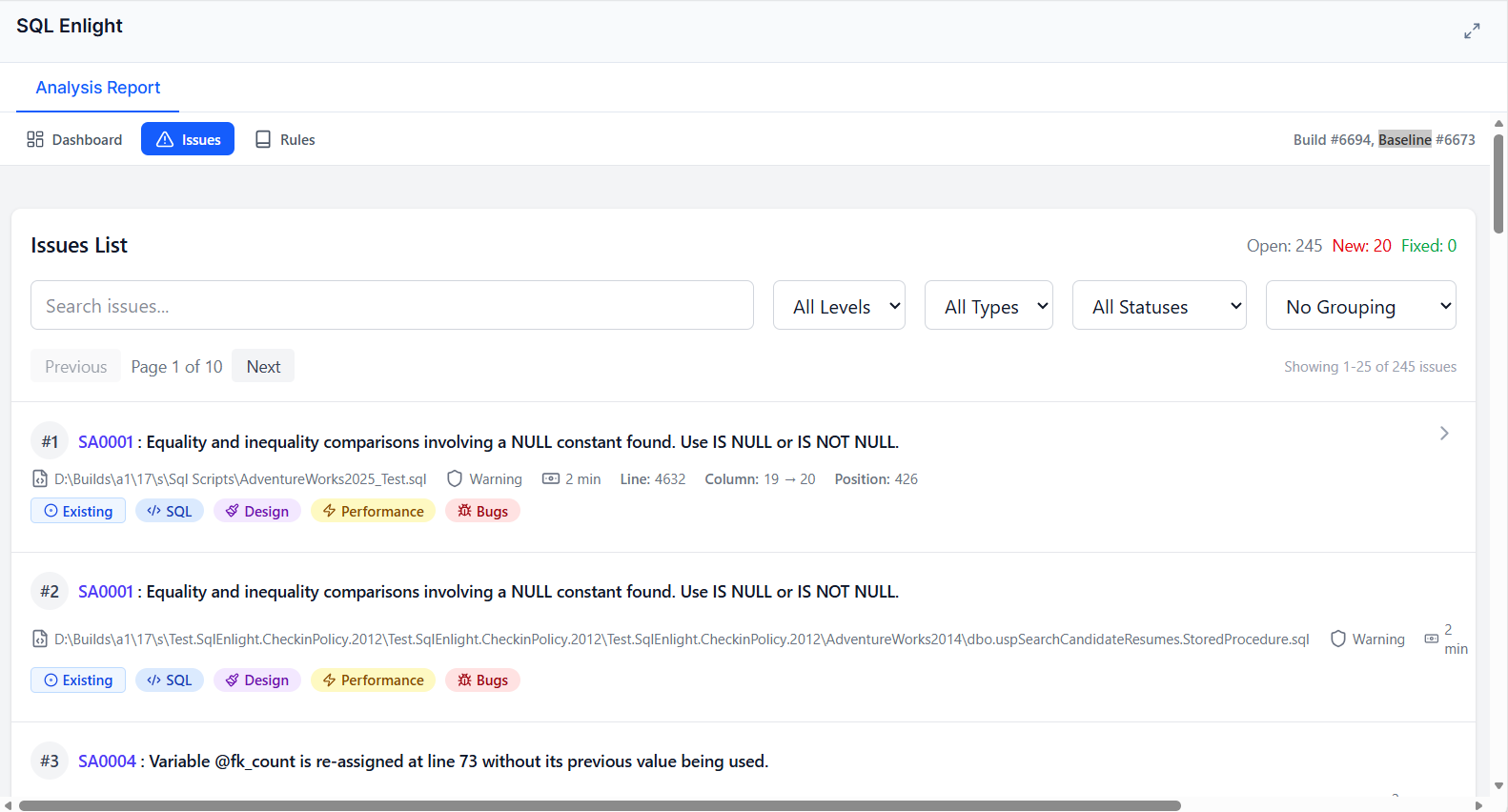 SQL Enlight analysis report issues