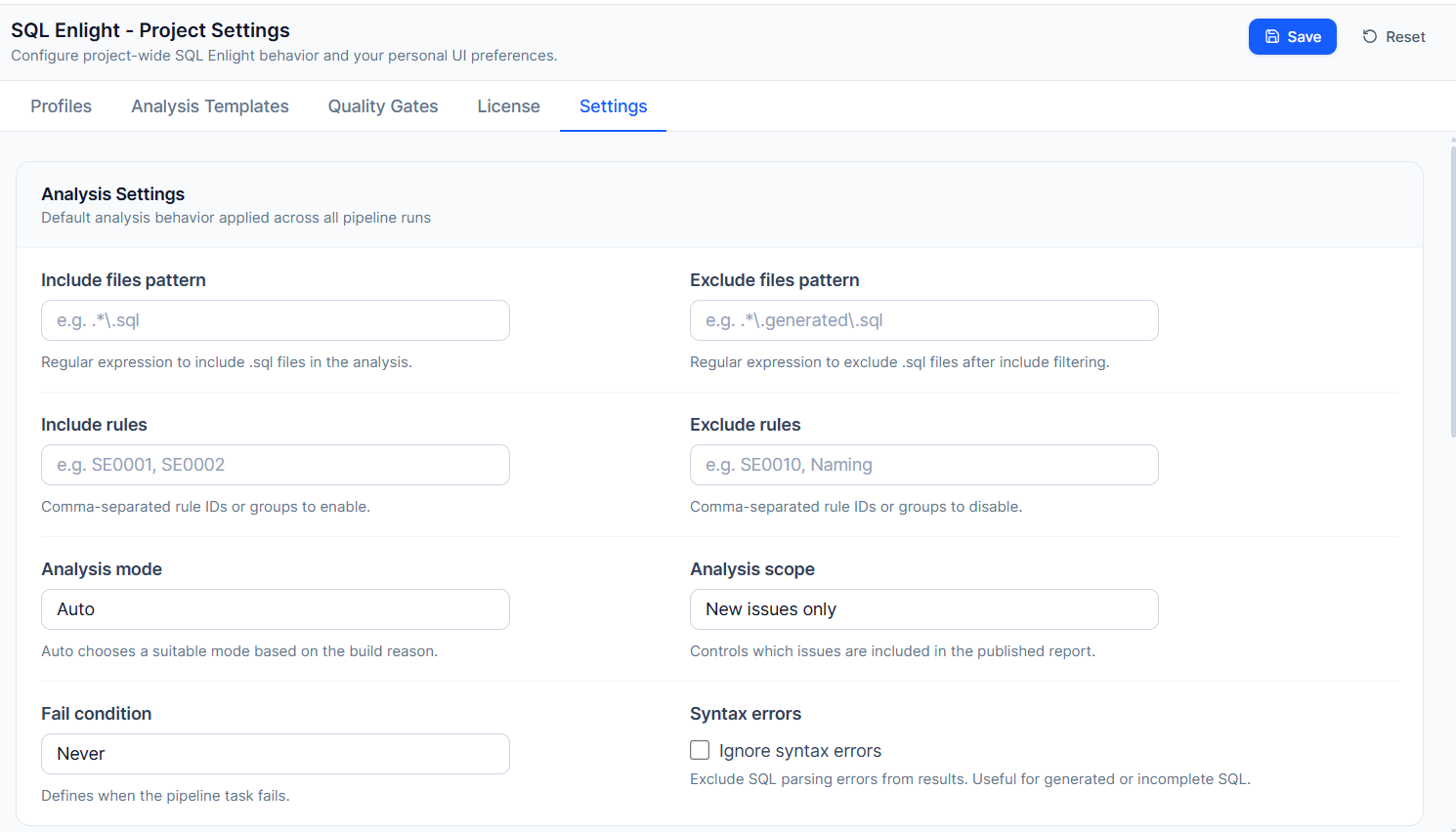 SQL Enlight project settings