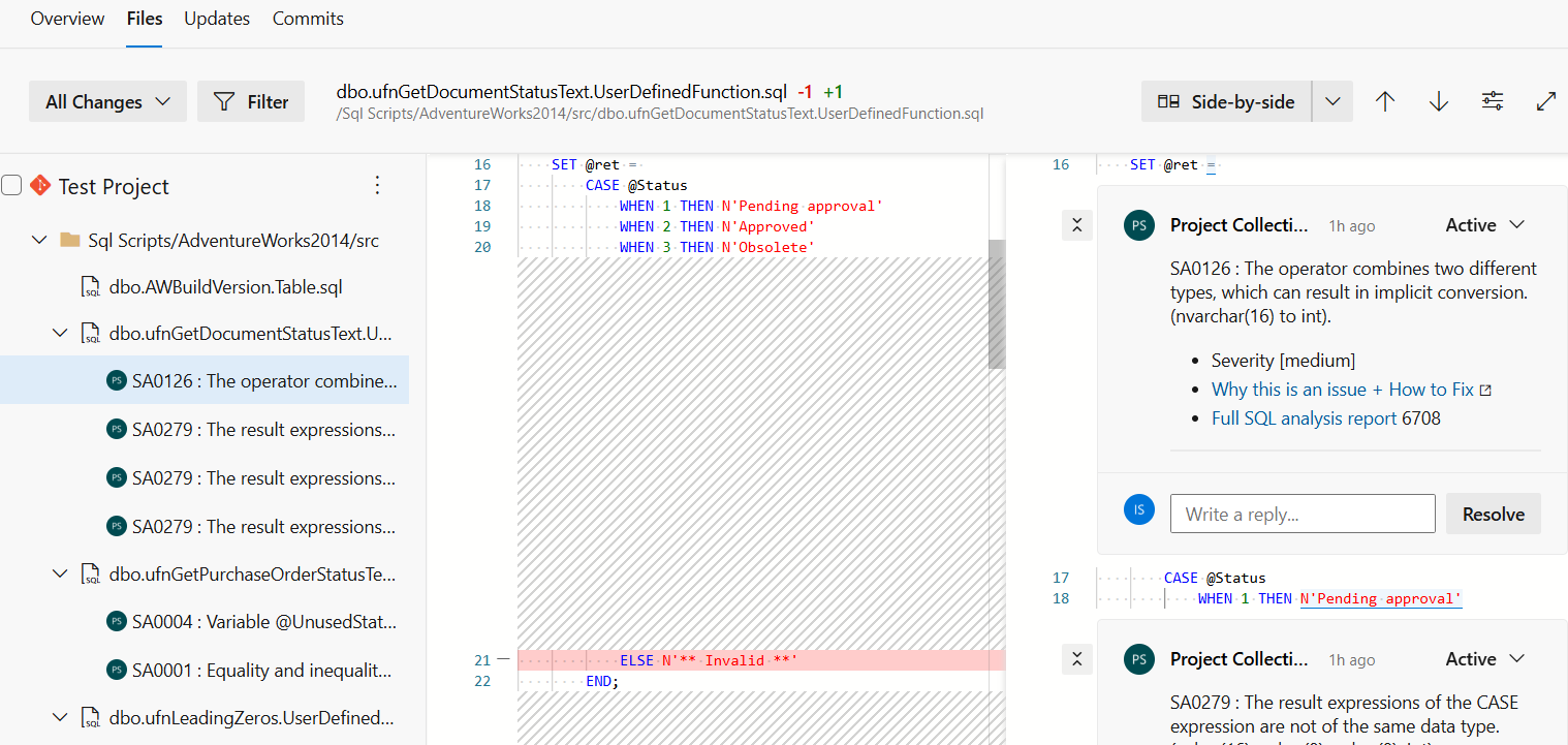 SQL Enlight inline pull request comment