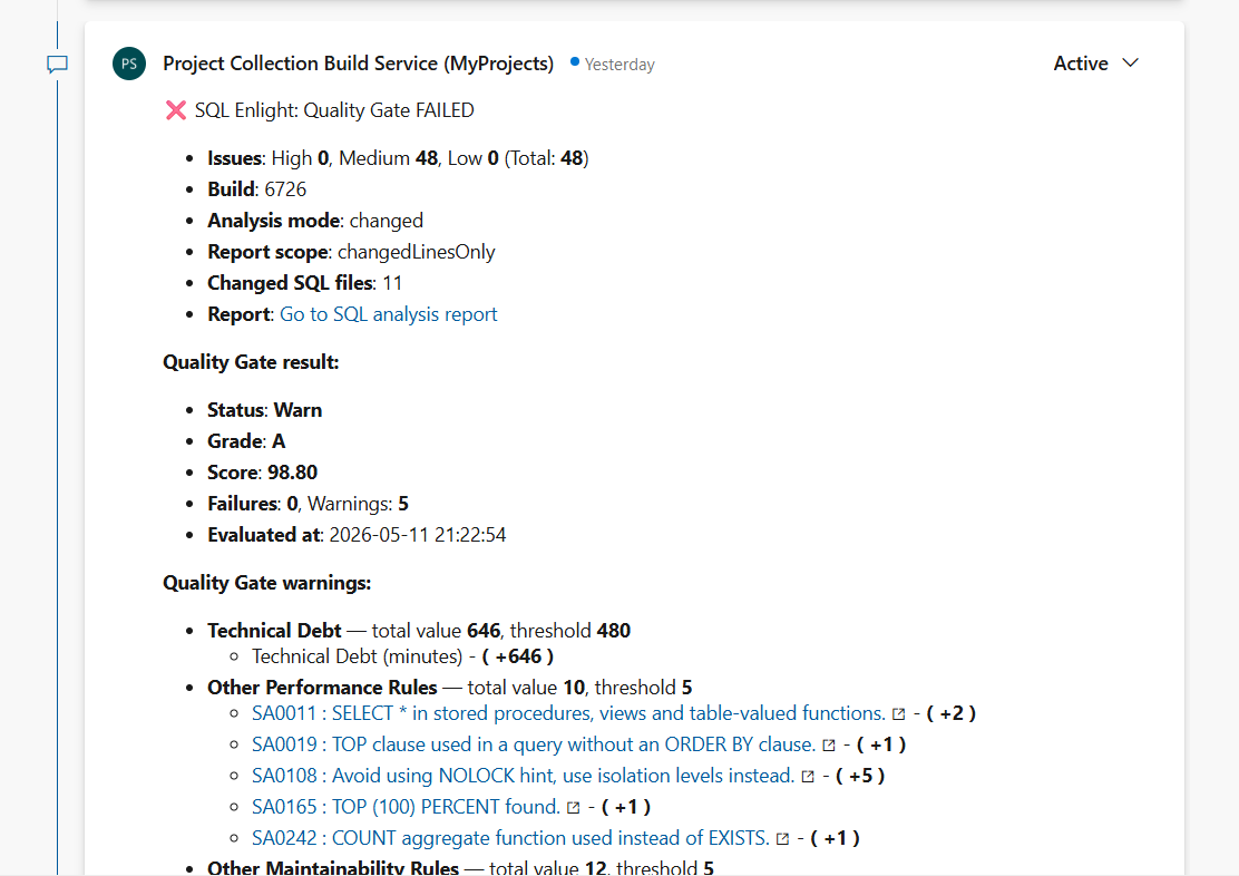 SQL Enlight pull request summary comment